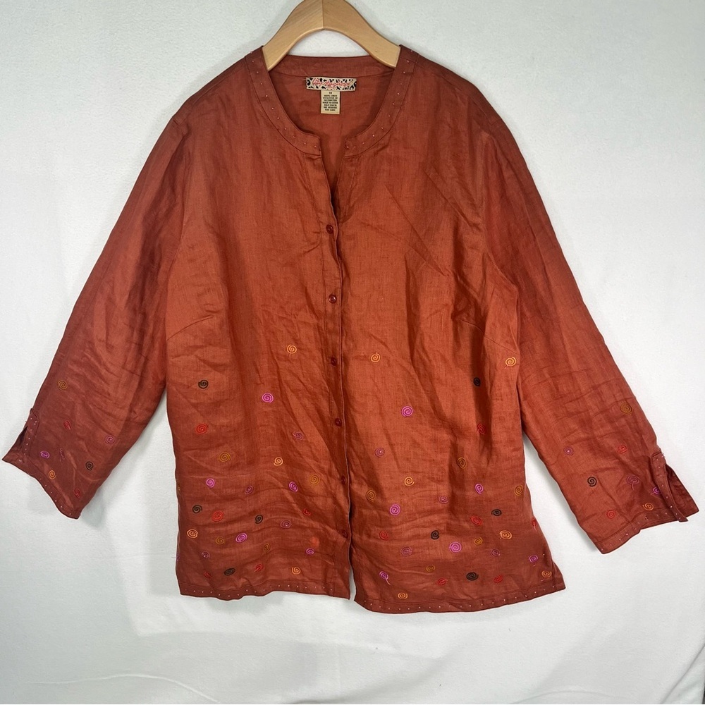 Lily Stanhope Women's Blouse Rust Button-Up Linen Artsy   Embroidered Lagenlook